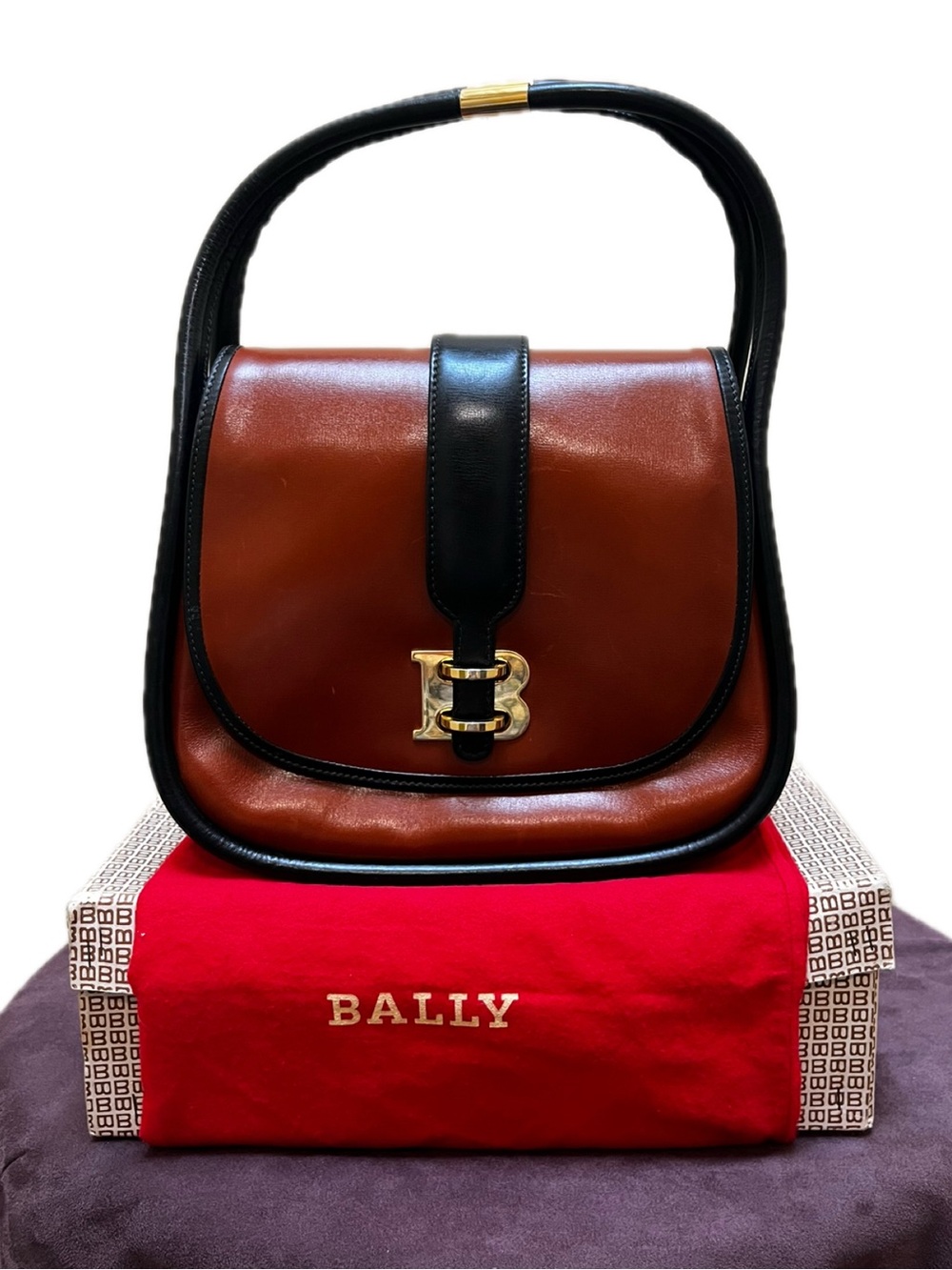Bally Vintage 1980s Brown & Black Leather Top Handle Bag B Logo Clasp - Picture 4 of 16